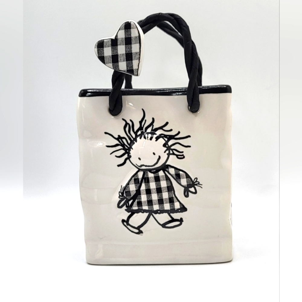 Enesco Children of the Inner Light Ceramic Bag w/ Pin Buffalo Plaid Peace Vase
